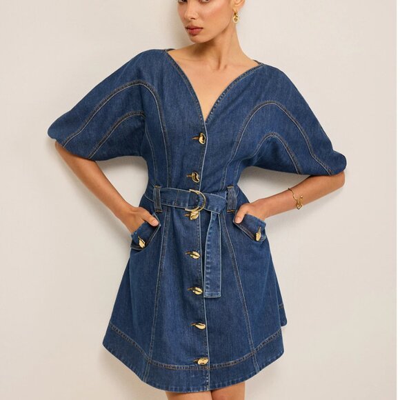 Commense Pocketed Belted Denim Dress Sz M - Picture 6 of 9
